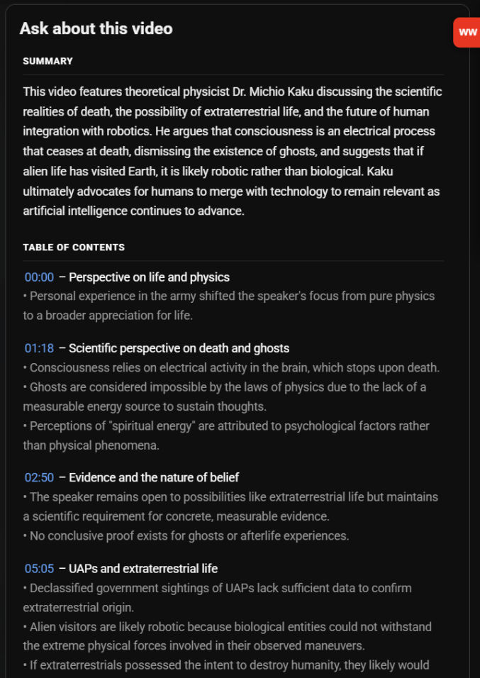 WatchWise summary and table of contents with clickable timestamps