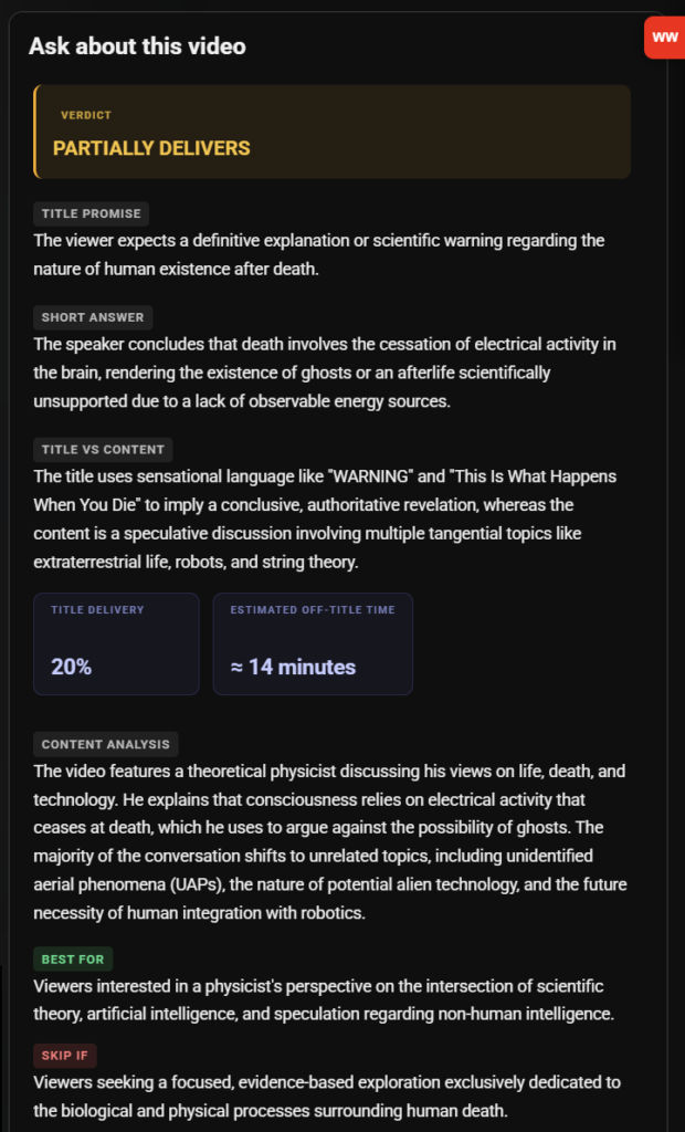 WatchWise title vs. content report flagging a video as only partially delivering on its title